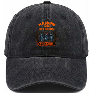 Funny Halloween Blue Denim Patchwork Ghost Washed Cotton Baseball Cap Hangin With My Boos