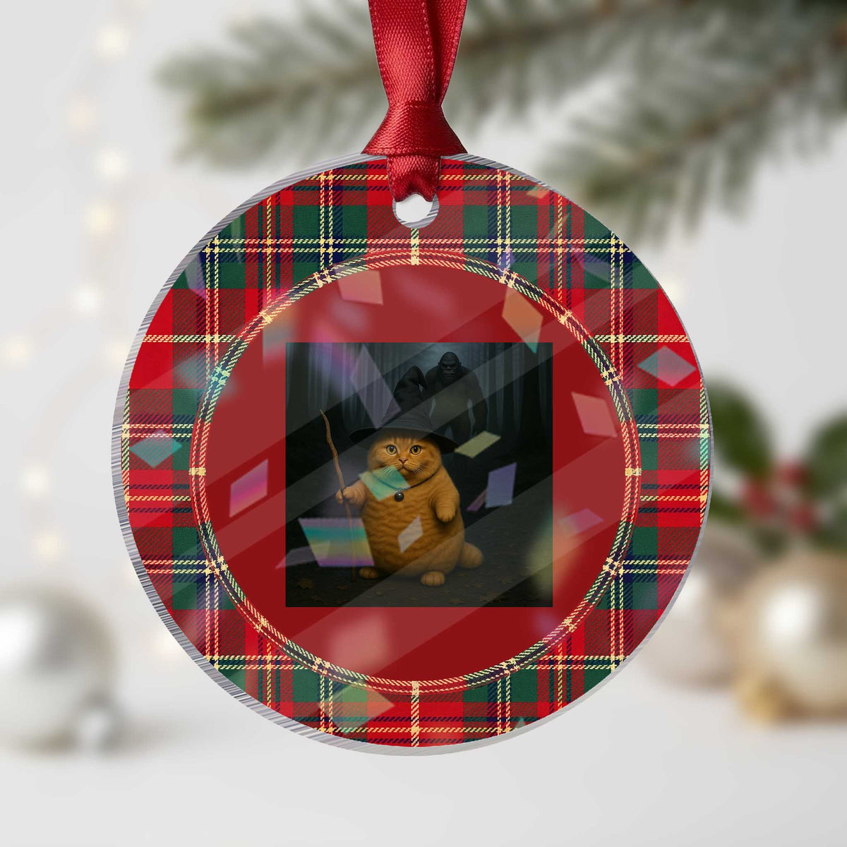 Funny Halloween Witch Cat Selfie With Bigfoot Sasquatch Holographic Acrylic Ornament