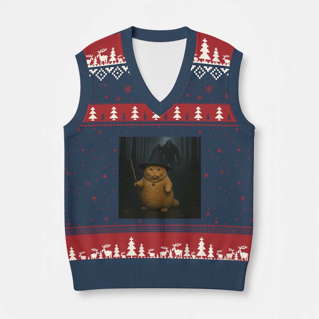 Funny Halloween Witch Cat Selfie With Bigfoot Sasquatch V-Neck Knit Sweater Vest