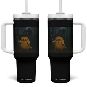 Funny Halloween Witch Cat Selfie With Bigfoot Sasquatch Tumbler With Handle