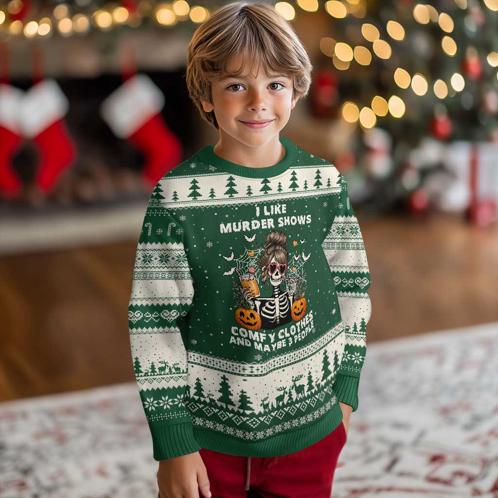Funny I Like Murder Shows Comfy Clothes And Maybe 3 People Ugly Christmas Sweater Halloween Skeleton TS11 Forest Green Beige Print Your Wear