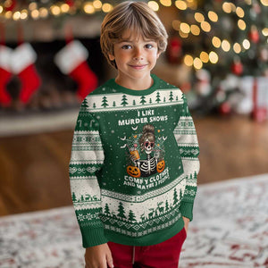 Funny I Like Murder Shows Comfy Clothes And Maybe 3 People Ugly Christmas Sweater Halloween Skeleton TS11 Forest Green Beige Print Your Wear