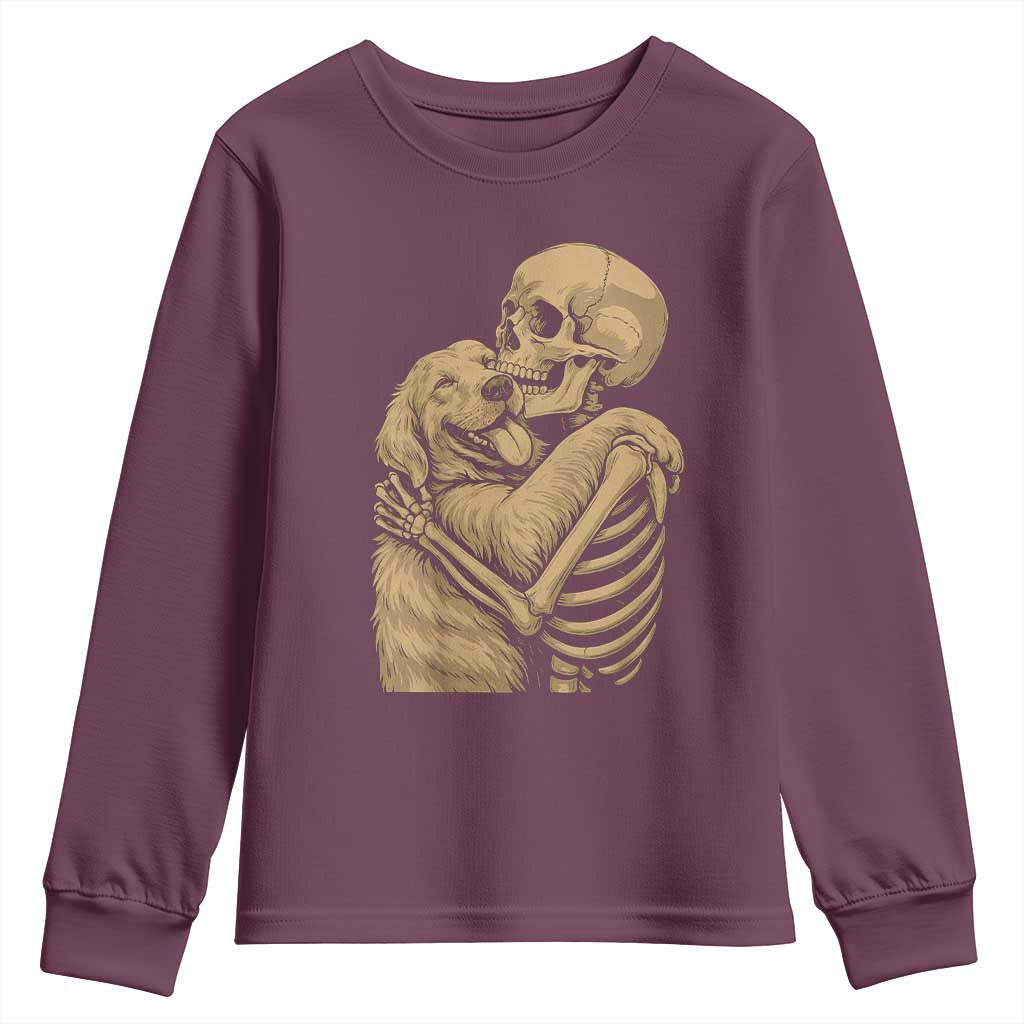 Skeleton Hugging Dog Halloween Dog Lover Youth Sweatshirt TS11 Maroon Print Your Wear