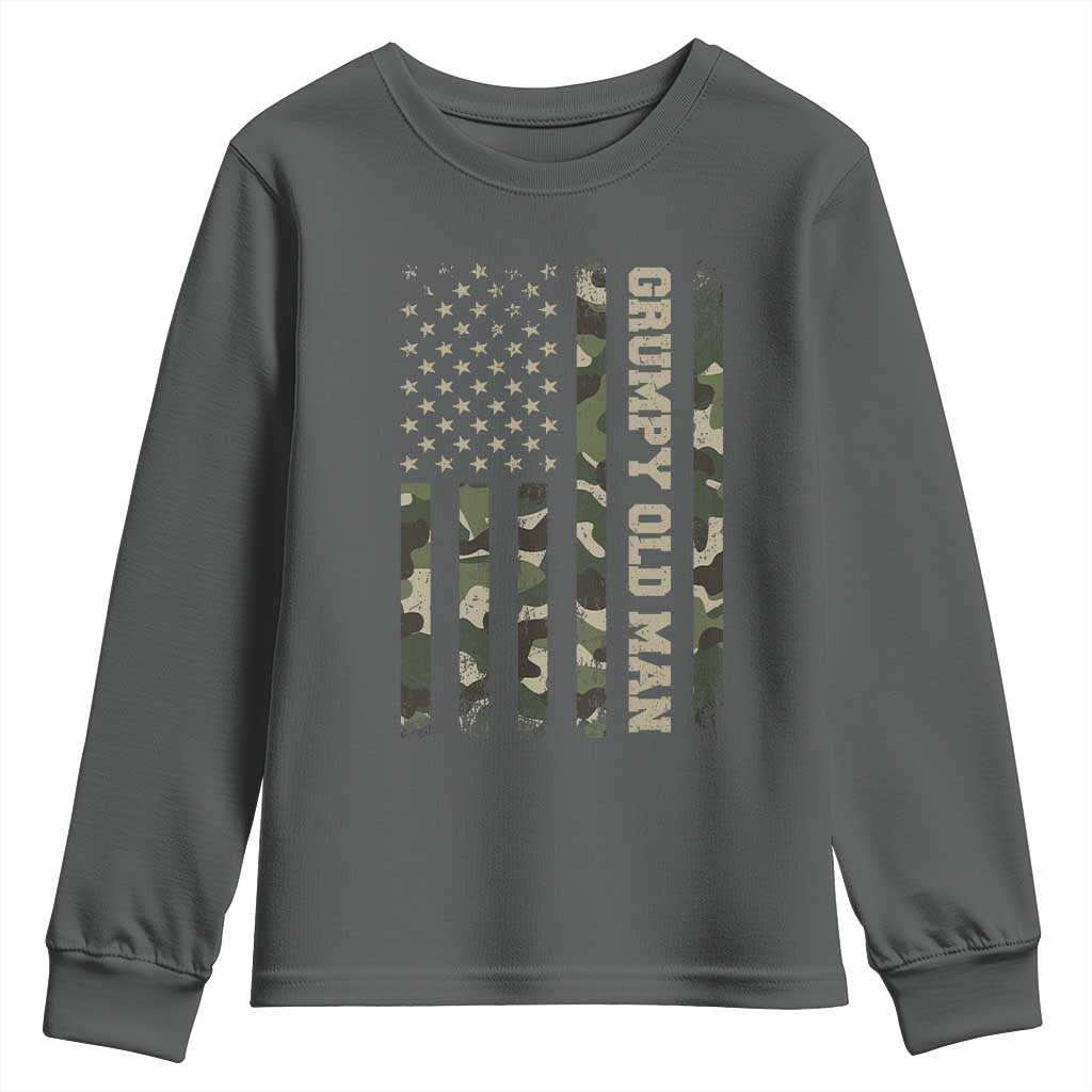 Funny Grumpy Old Man Youth Sweatshirt Vintage Camo American Flag Fathers Day TS11 Dark Heather Print Your Wear