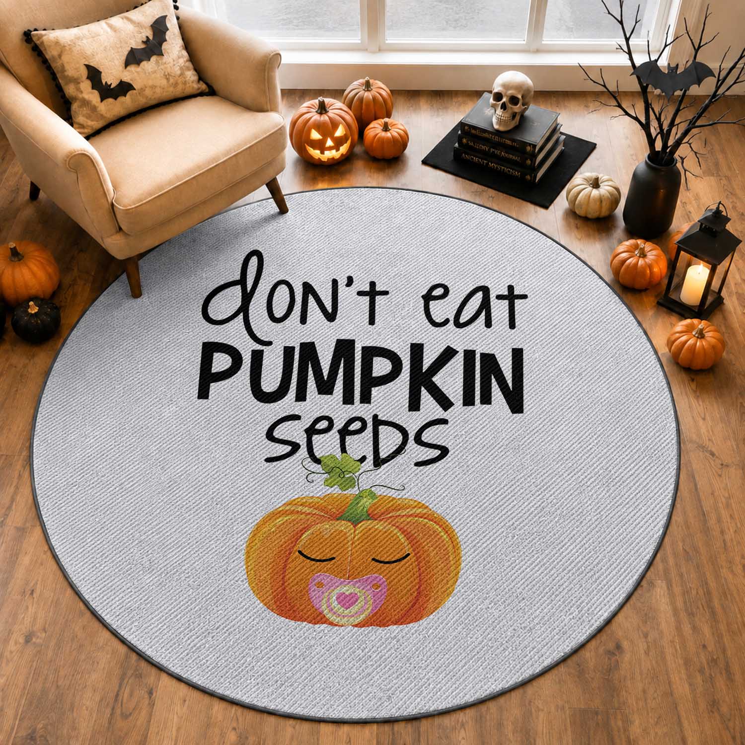 Halloween Pregnancy Reveal Round Rug Don't Eat Pumpkin Seeds Maternity Baby Pumpkin