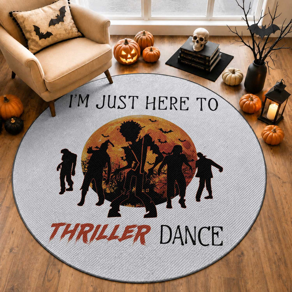Funny Halloween Round Rug I'm Just Here To Thriller Dance Zombie Dance Moon