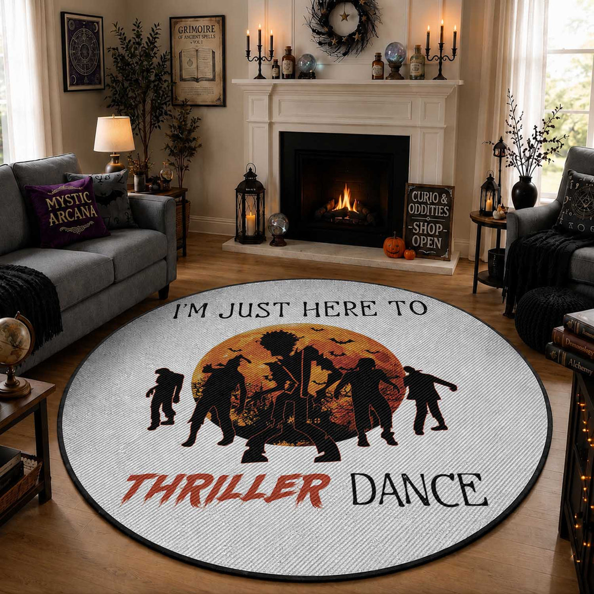 Funny Halloween Round Rug I'm Just Here To Thriller Dance Zombie Dance Moon
