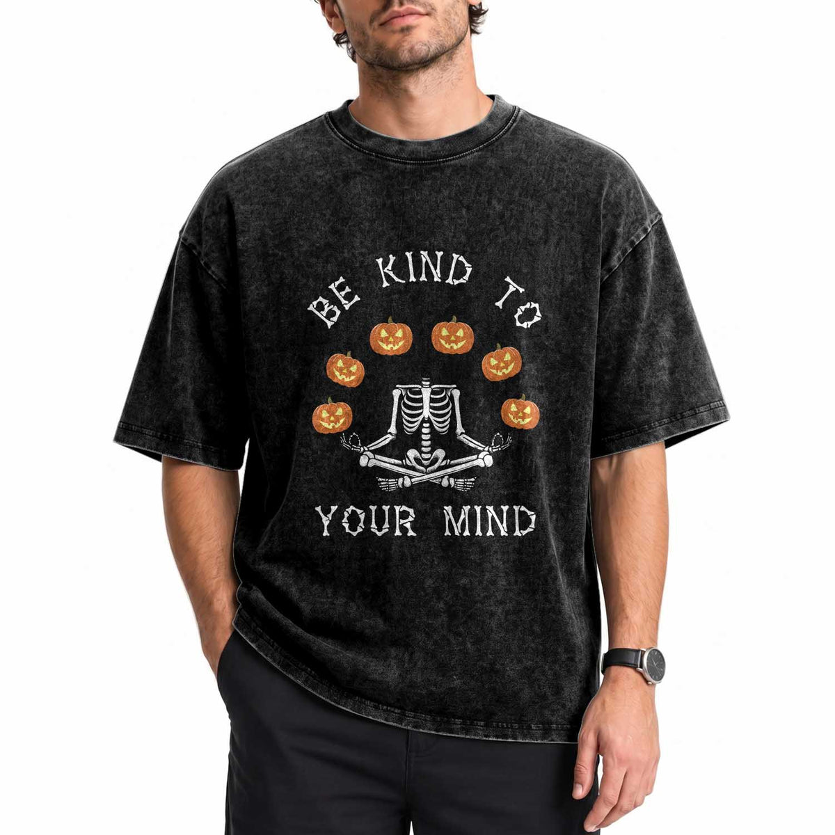 Funny Halloween Washed Cotton T-Shirt Be Kind To Your Mind Pumpkin Head Skeleton