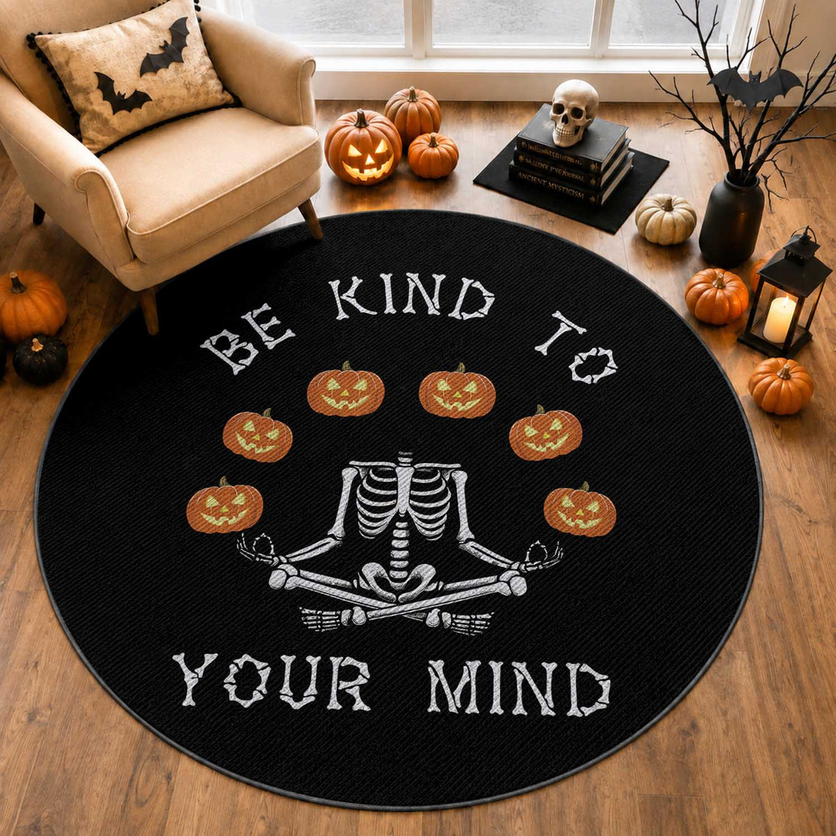 Funny Halloween Round Rug Be Kind To Your Mind Pumpkin Head Skeleton