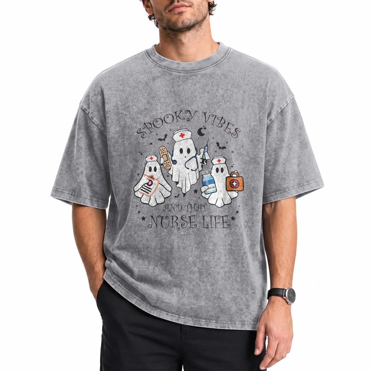 Halloween Nurse Washed Cotton T-Shirt Spooky Vibes And That Nurse Life Ghost