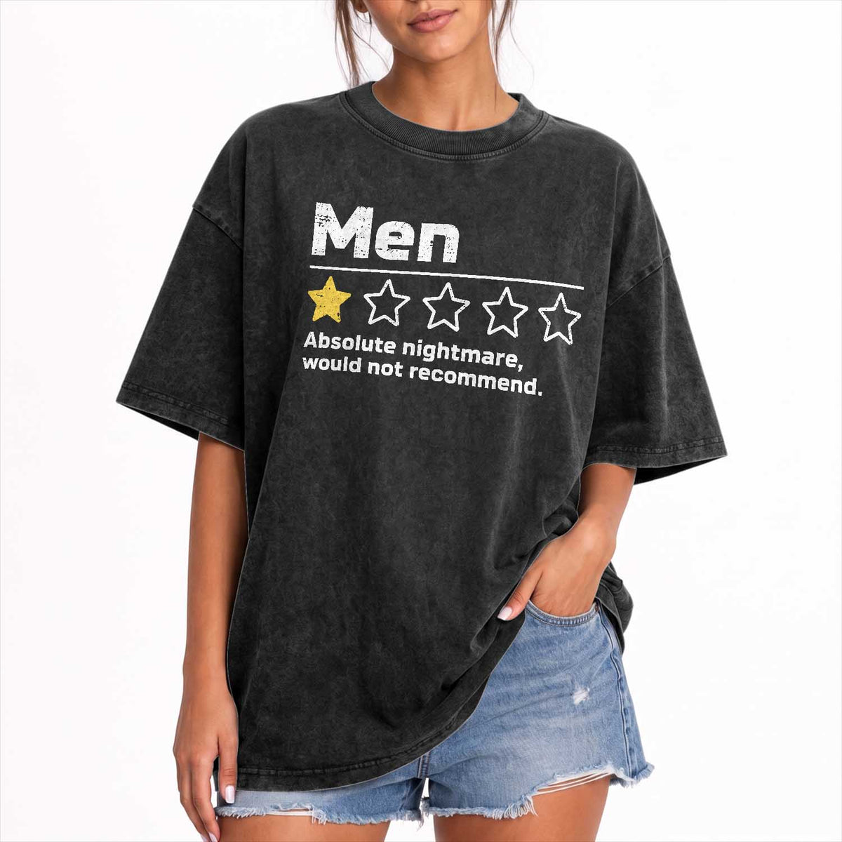 Men 1 Star Absolute Nightmare Would Not Recommend Washed Cotton T-Shirt Funny Bold Text
