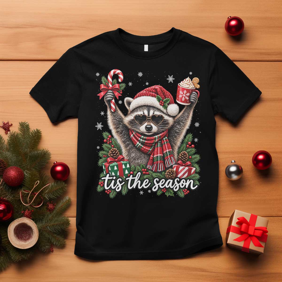 Tis The Season Funny Christmas Raccoon T Shirt Hot Cocoa Candy Cane Winter Season