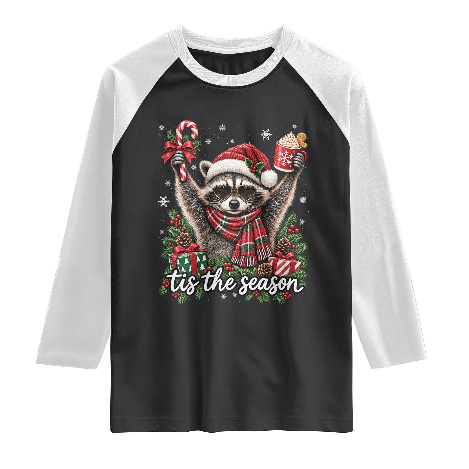 Tis The Season Funny Christmas Raccoon Raglan Shirt Hot Cocoa Candy Cane Winter Season