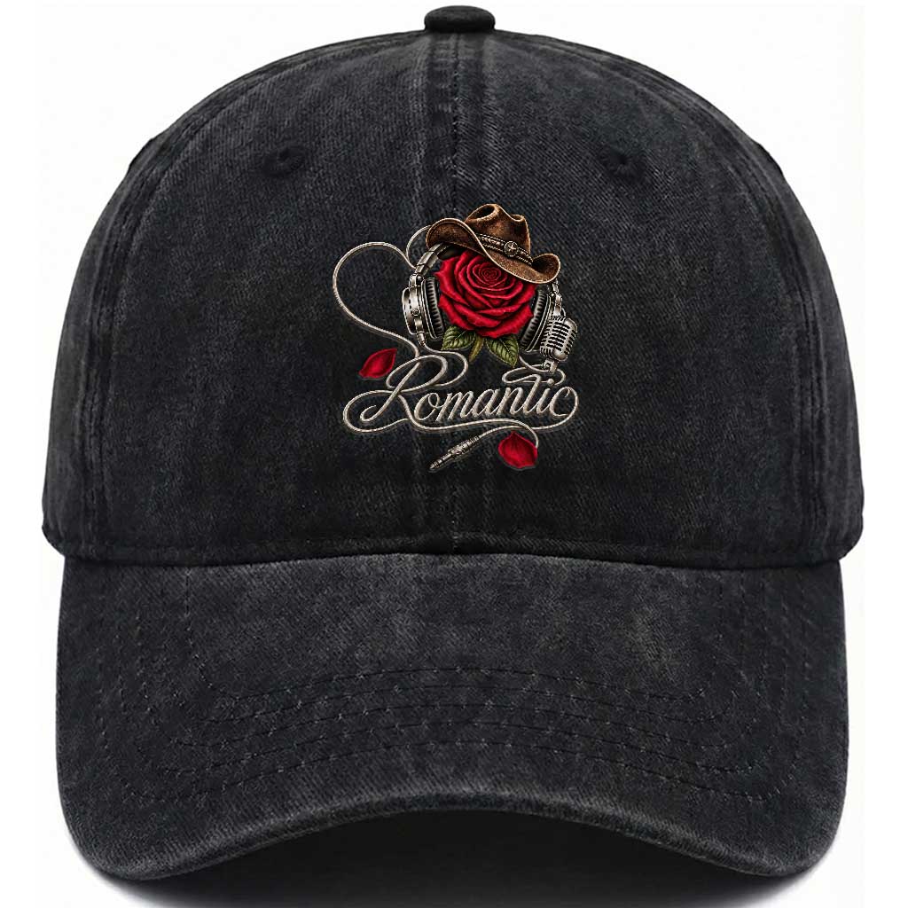 Retro Romantic Vintage Classic 70s 80s Washed Cotton Baseball Cap Headphones Musical Red Rose