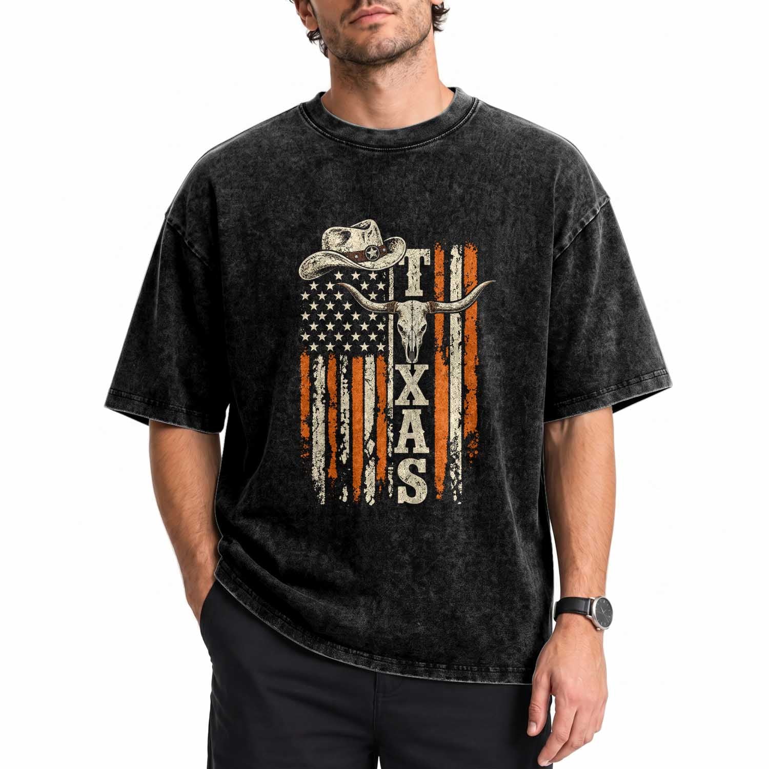 Texas Western Washed Cotton T-Shirt Distressed American Flag Longhorn Skull