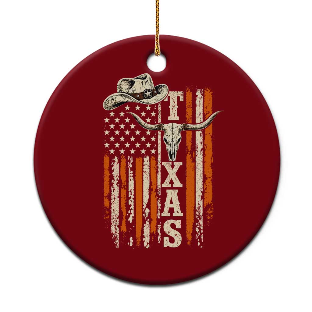 Texas Western Ceramic Ornament Distressed American Flag Longhorn Skull