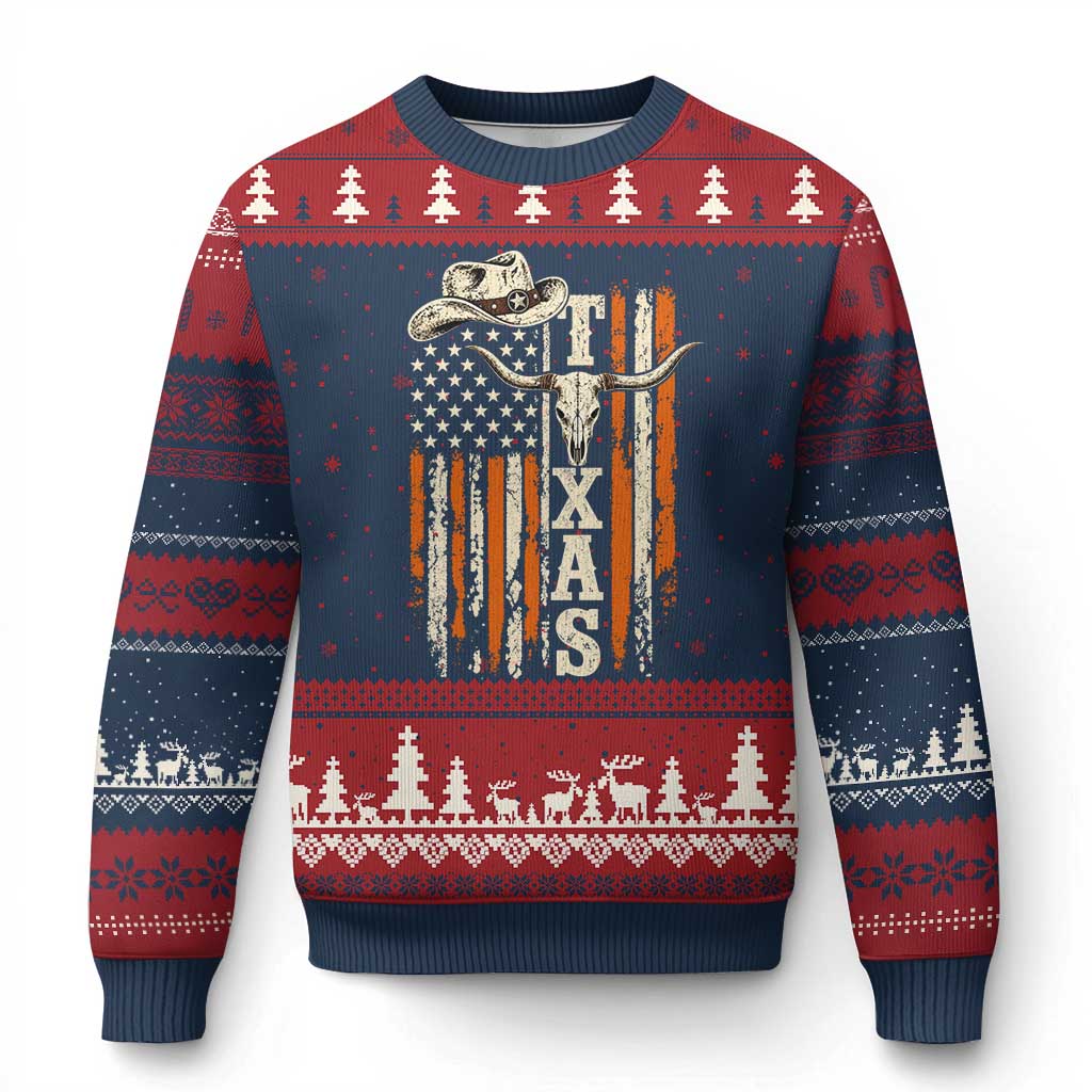 Texas Western Ugly Christmas Sweater Distressed American Flag Longhorn Skull