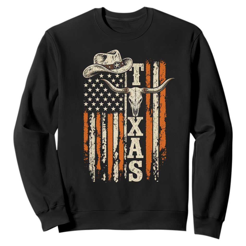 Texas Western Sweatshirt Distressed American Flag Longhorn Skull