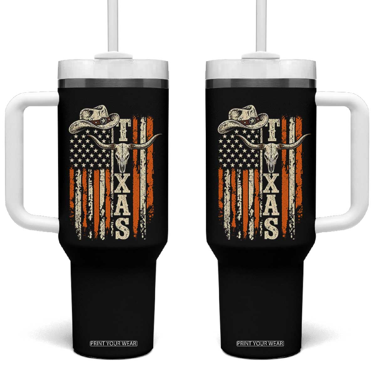 Texas Western Tumbler With Handle Distressed American Flag Longhorn Skull