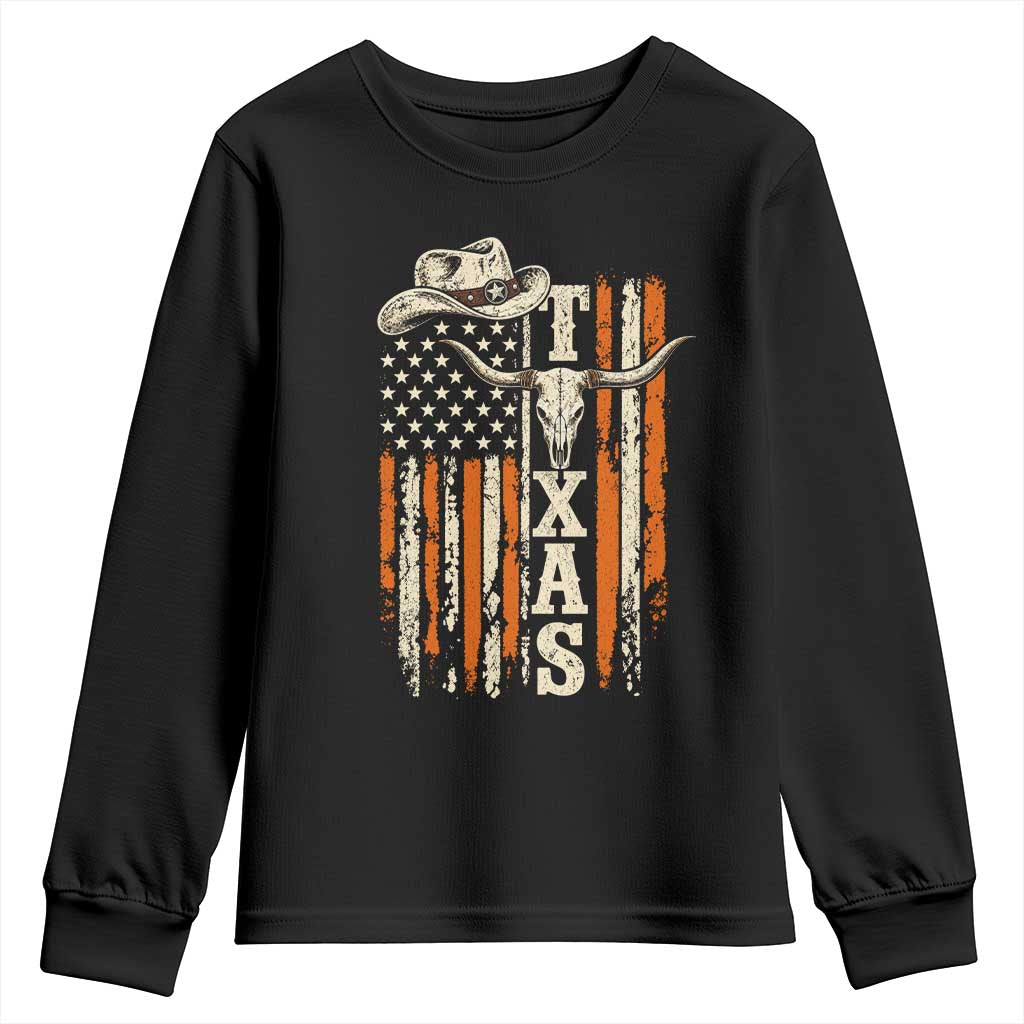 Texas Western Youth Sweatshirt Distressed American Flag Longhorn Skull