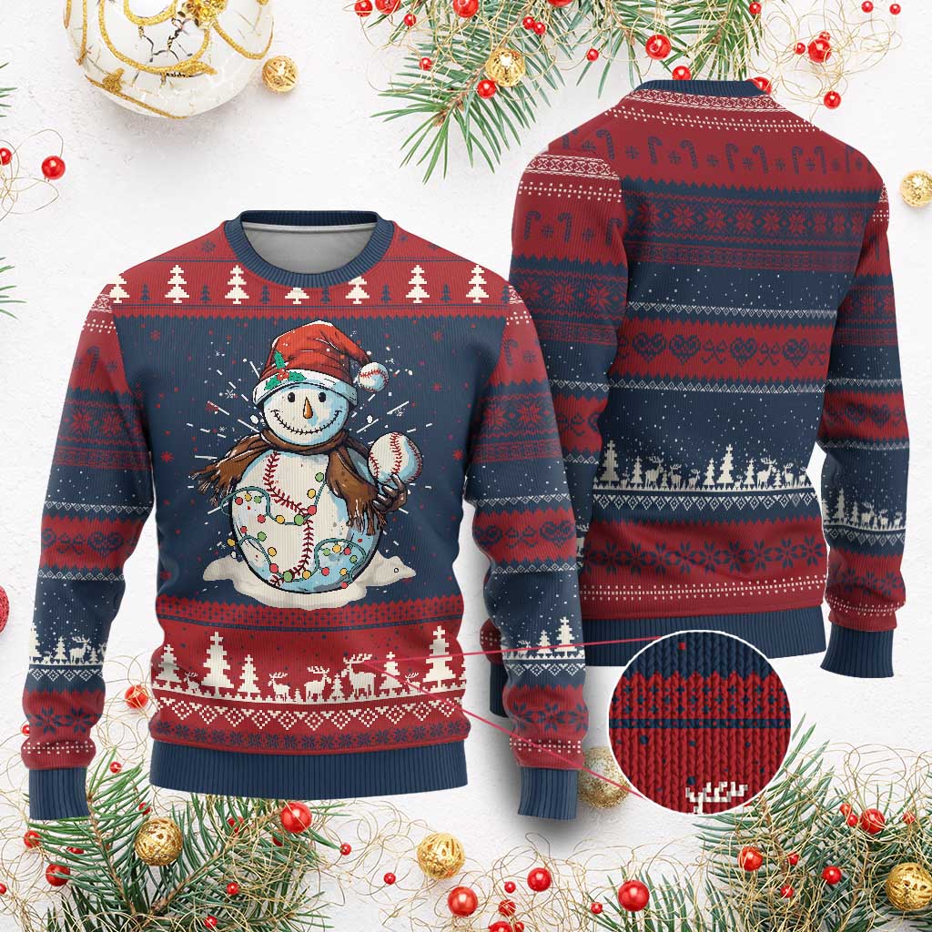 Funny Xmas Baseball Ugly Christmas Sweater Cute Snowman Baseball Players Santa Hat TS11 Burgundy Print Your Wear
