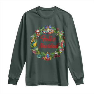 Christmas In Mexico Long Sleeve Shirt Feliz Navidad Xmas Wreath TS11 Dark Forest Green Print Your Wear