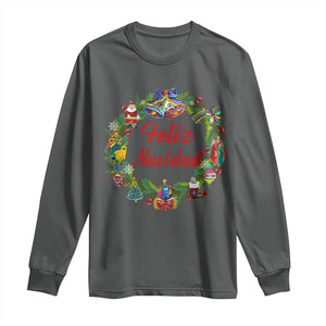 Christmas In Mexico Long Sleeve Shirt Feliz Navidad Xmas Wreath TS11 Dark Heather Print Your Wear