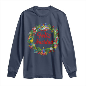 Christmas In Mexico Long Sleeve Shirt Feliz Navidad Xmas Wreath TS11 Navy Print Your Wear