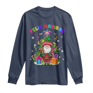 Funny Christmas In Mexico Long Sleeve Shirt Feliz Navidad Sombrero Santa Xmas Tree TS11 Navy Print Your Wear