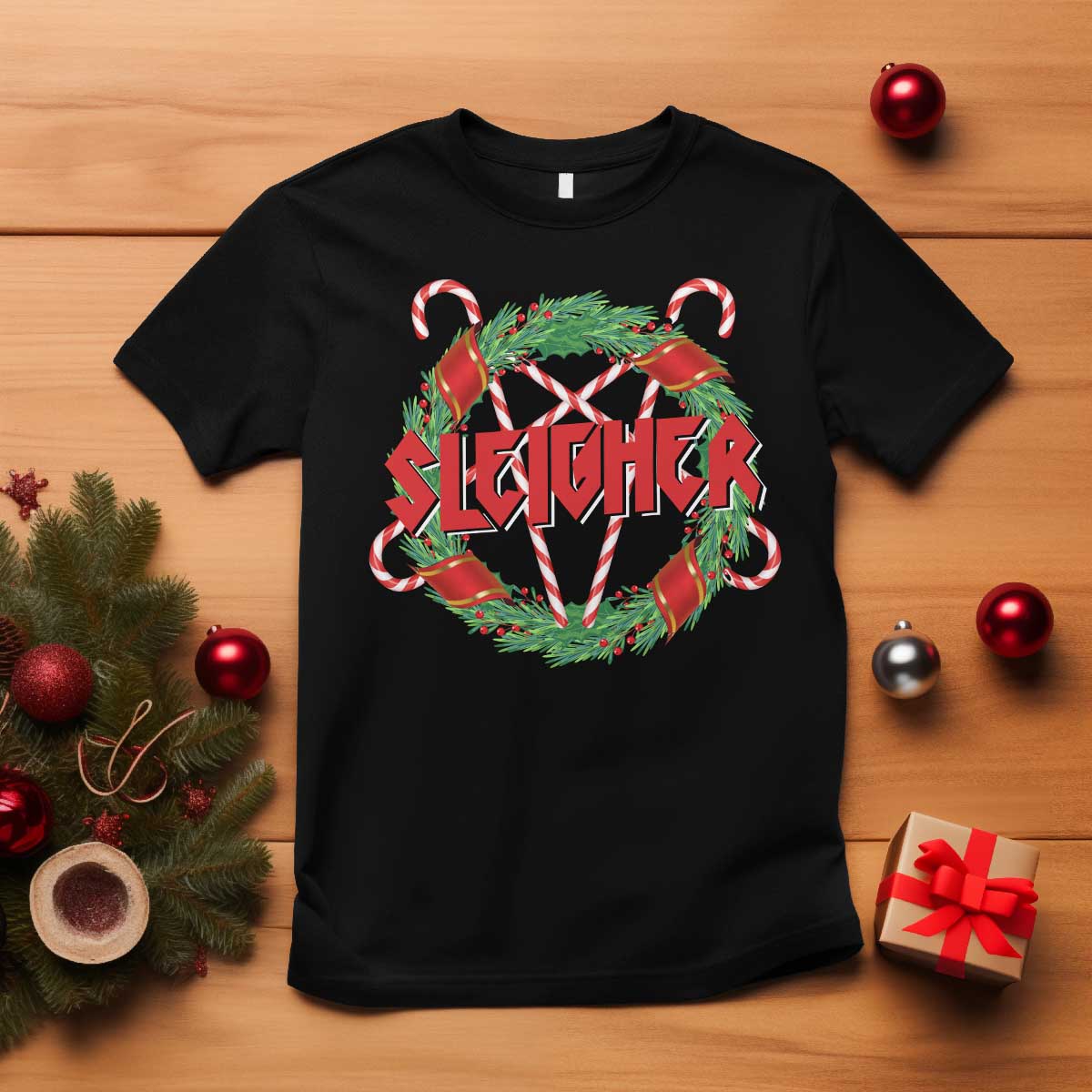 Funny Christmas Heavy Metal T Shirt Sleigher Xmas Pentagram Candy Cane TS11 Black Print Your Wear