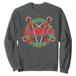 Funny Christmas Heavy Metal Sweatshirt Sleigher Xmas Pentagram Candy Cane TS11 Dark Heather Print Your Wear