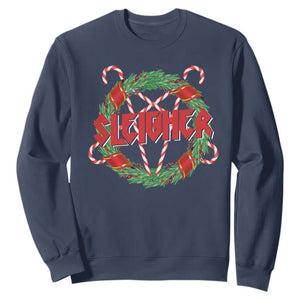 Funny Christmas Heavy Metal Sweatshirt Sleigher Xmas Pentagram Candy Cane TS11 Navy Print Your Wear