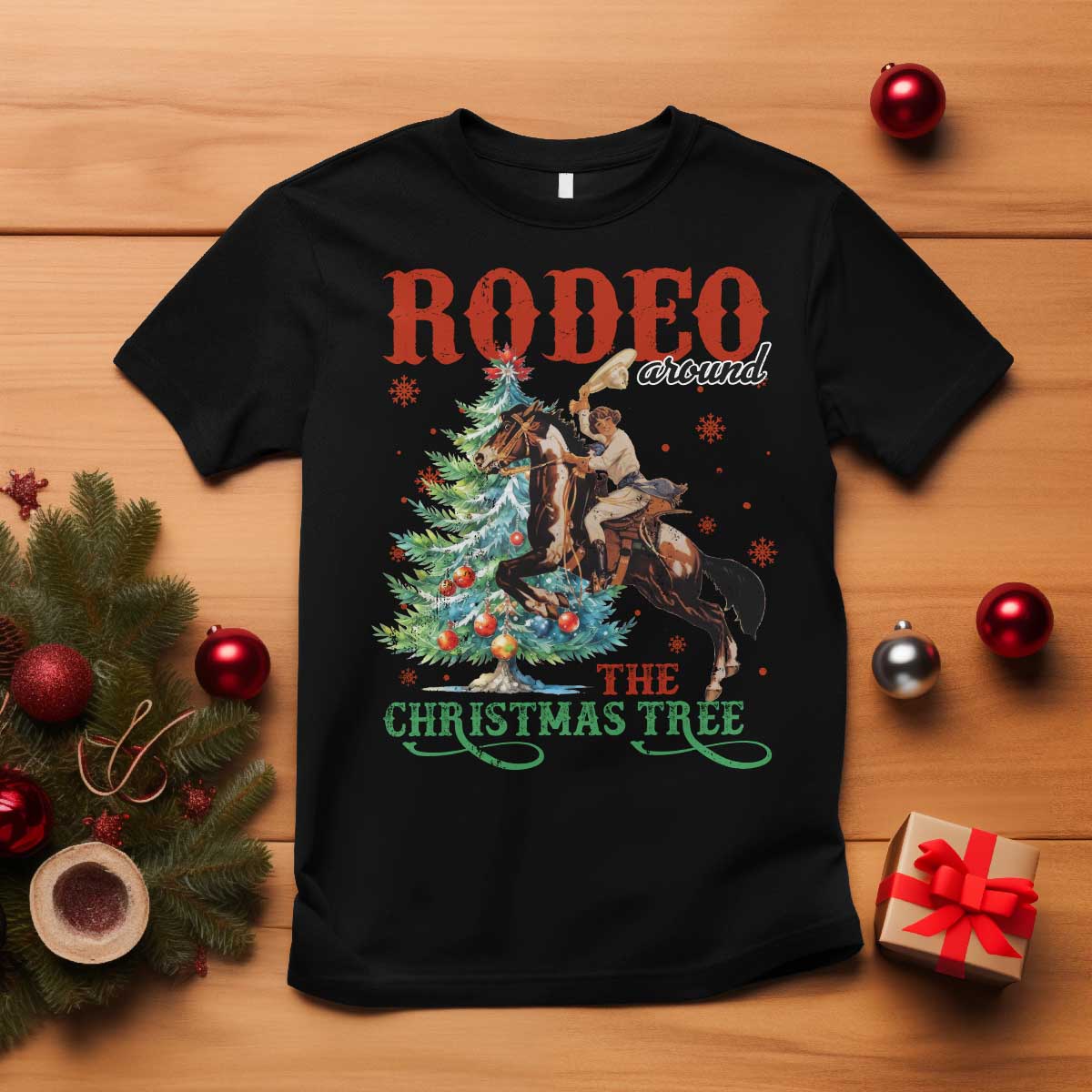 Western Christmas T Shirt Rodeo Around The Christmas Tree Cowgirl TS11 Black Print Your Wear