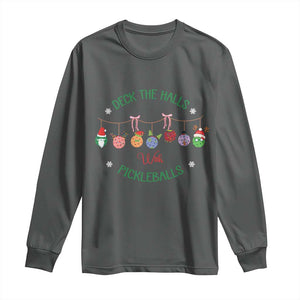 Funny Christmas Pickleball Long Sleeve Shirt Deck The Halls With Pickleballs Santa Hat TS11 Dark Heather Print Your Wear