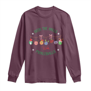 Funny Christmas Pickleball Long Sleeve Shirt Deck The Halls With Pickleballs Santa Hat TS11 Maroon Print Your Wear