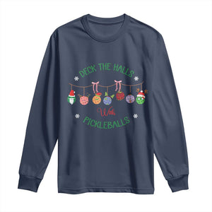 Funny Christmas Pickleball Long Sleeve Shirt Deck The Halls With Pickleballs Santa Hat TS11 Navy Print Your Wear