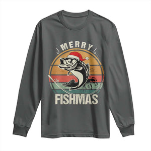 Funny Christmas Fishing Long Sleeve Shirt Merry Fishmas Vintage Sunset Retro TS11 Dark Heather Print Your Wear