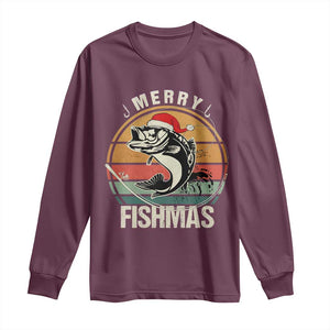 Funny Christmas Fishing Long Sleeve Shirt Merry Fishmas Vintage Sunset Retro TS11 Maroon Print Your Wear