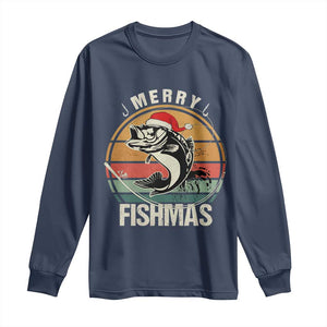 Funny Christmas Fishing Long Sleeve Shirt Merry Fishmas Vintage Sunset Retro TS11 Navy Print Your Wear