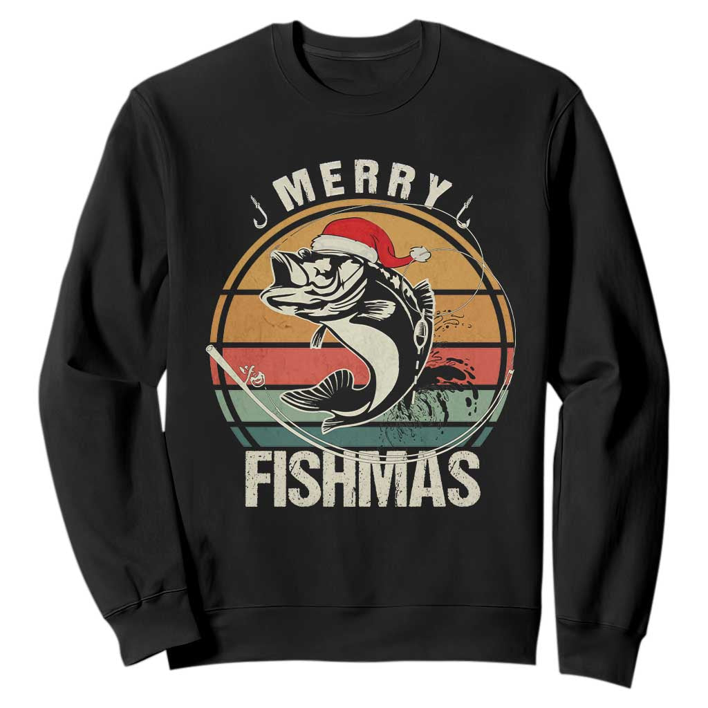 Funny Christmas Fishing Sweatshirt Merry Fishmas Vintage Sunset Retro TS11 Black Print Your Wear