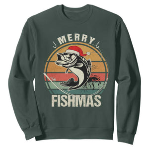 Funny Christmas Fishing Sweatshirt Merry Fishmas Vintage Sunset Retro TS11 Dark Forest Green Print Your Wear