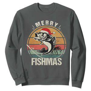 Funny Christmas Fishing Sweatshirt Merry Fishmas Vintage Sunset Retro TS11 Dark Heather Print Your Wear