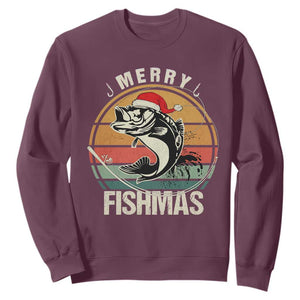 Funny Christmas Fishing Sweatshirt Merry Fishmas Vintage Sunset Retro TS11 Maroon Print Your Wear