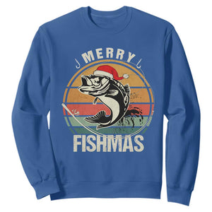 Funny Christmas Fishing Sweatshirt Merry Fishmas Vintage Sunset Retro TS11 Royal Blue Print Your Wear