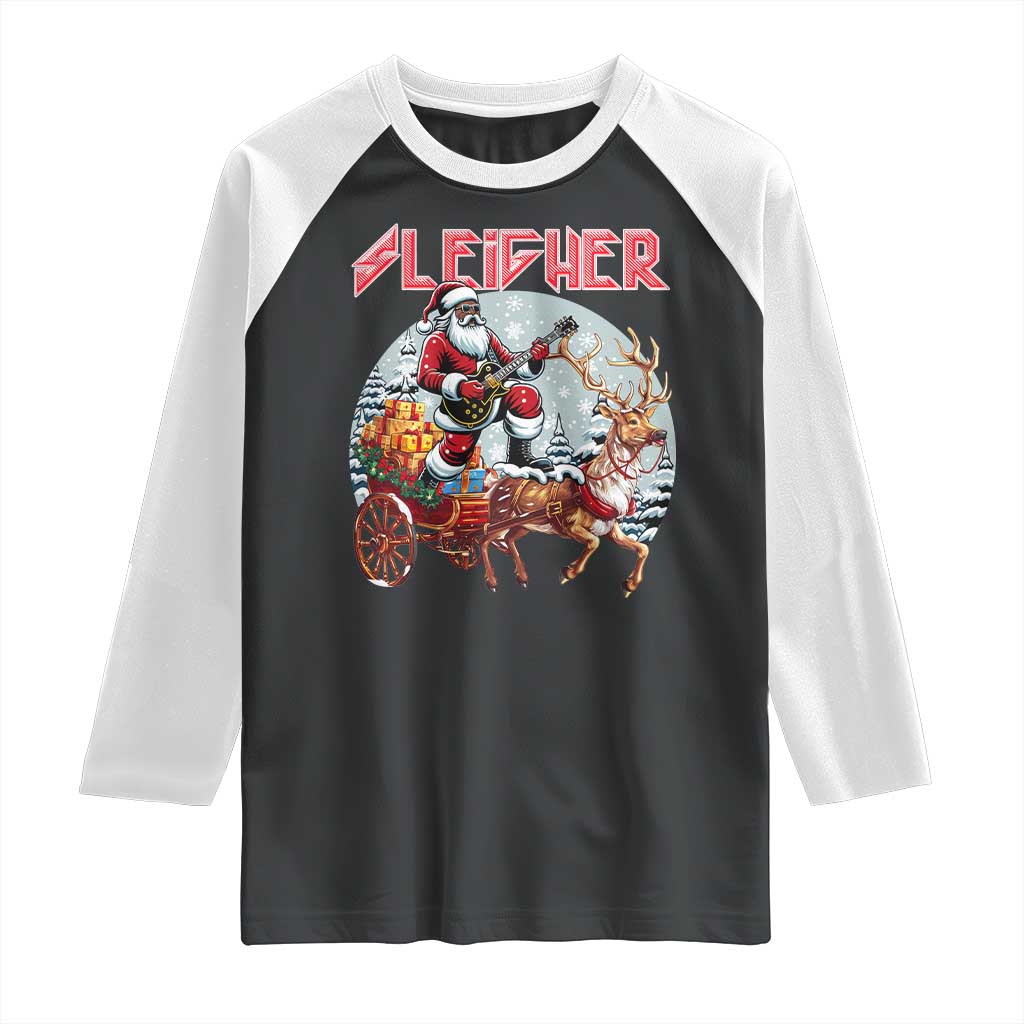 Funny Black Santa Heavy Metal Christmas Raglan Shirt Sleigher Xmas Rock & Roll TS11 Black White Print Your Wear