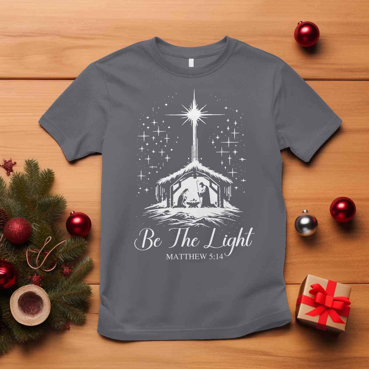 Be The Light Christian Christmas T Shirt Nativity Scene Bible Verse TS11 Charcoal Print Your Wear