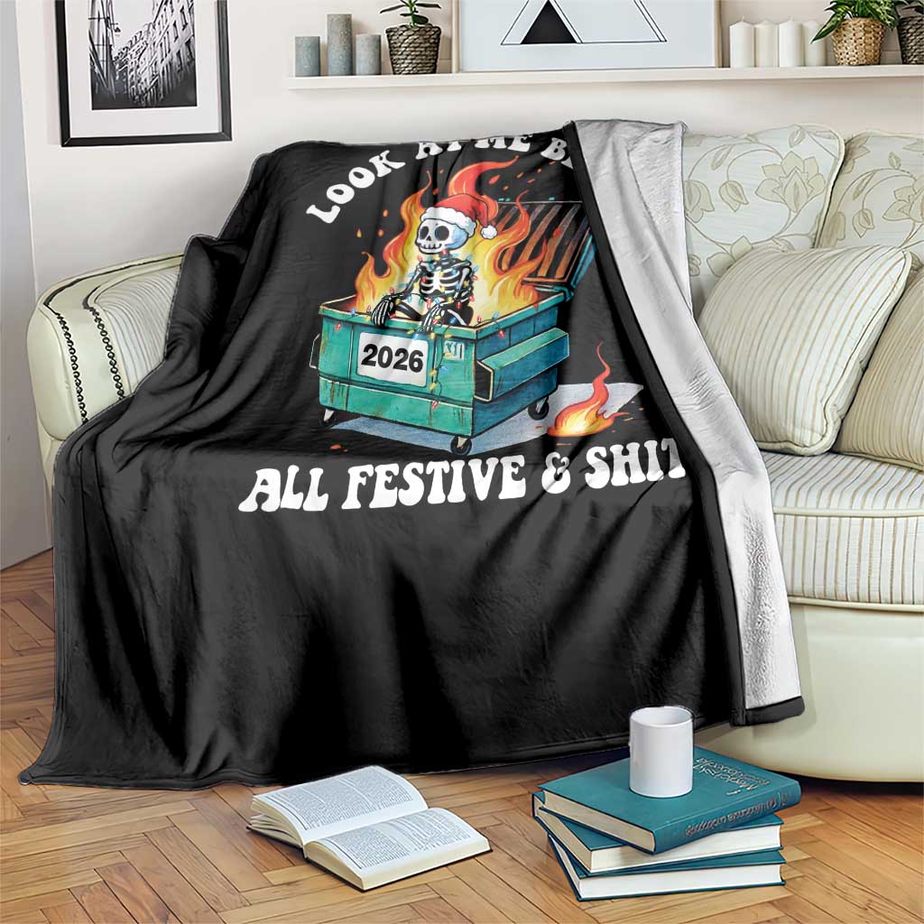 Funny Christmas Dumpster Fire Skeleton 2026 Throw Blanket Look At Me Being All Festive And Shit TS11 Print Your Wear