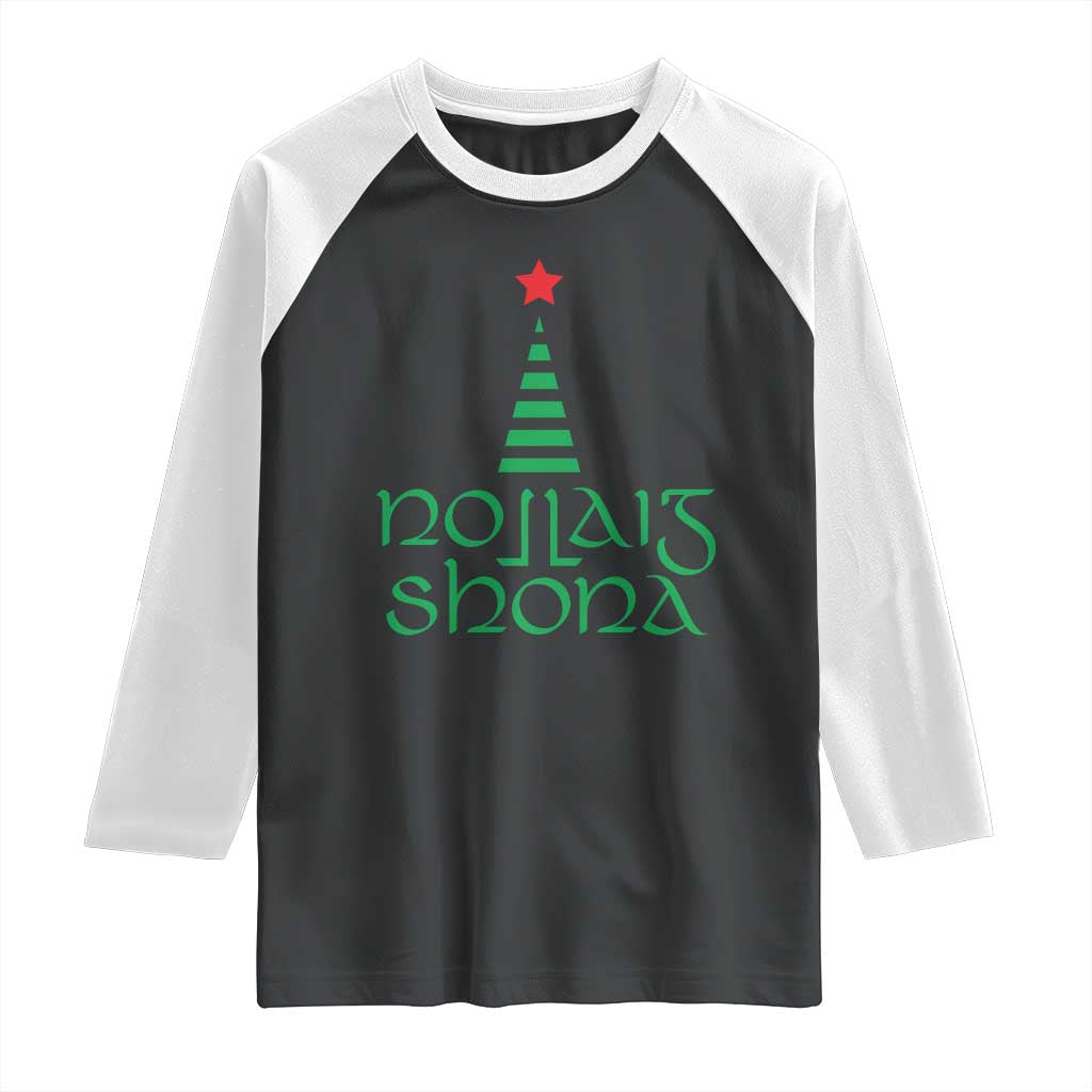 Funny Irish Gaelic Christmas Nollaig Shona Raglan Shirt Xmas Tree TS11 Black White Print Your Wear
