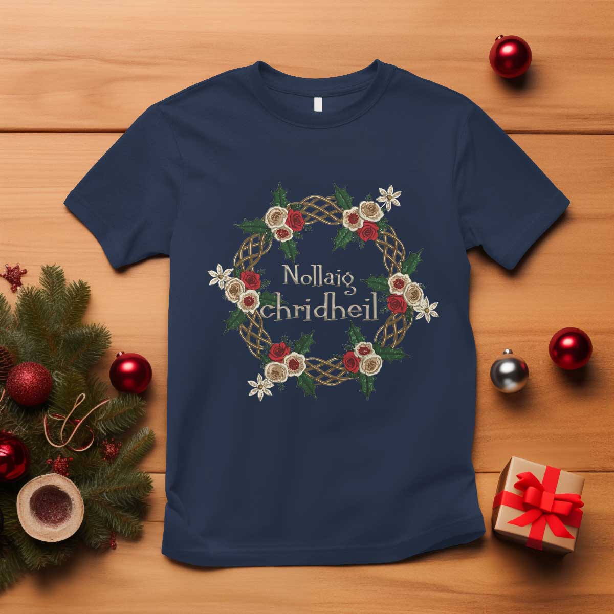 Scottish Celtic Christmas Nollaig Chridheil T Shirt Xmas Wreath TS11 Navy Print Your Wear