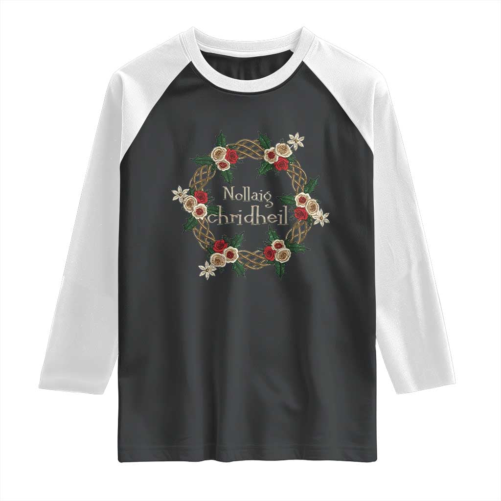 Scottish Celtic Christmas Nollaig Chridheil Raglan Shirt Xmas Wreath TS11 Black White Print Your Wear